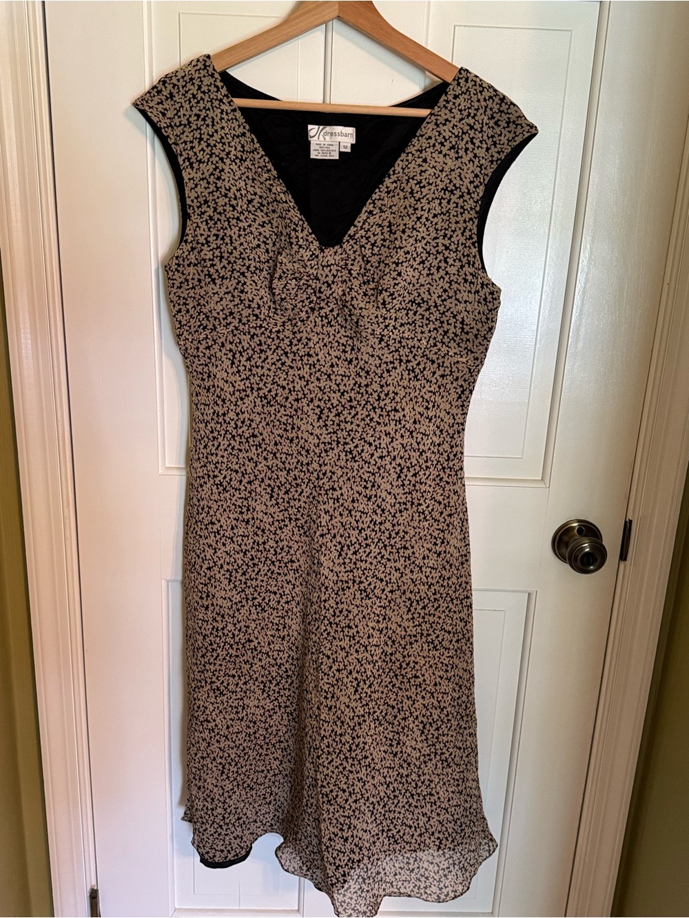 Dressbarn Cap Sleeve Black and Beige Floral V-Neck A-Line Dress 100% Silk Sz 12